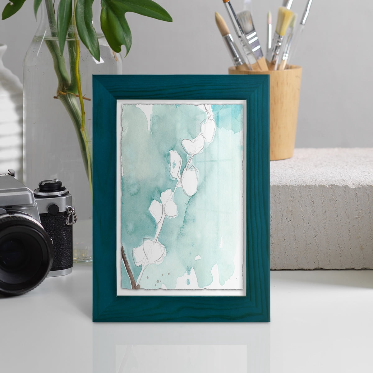 Ginkgo on Dusty Teal V - Framed Print w/glass - Ocean Blue