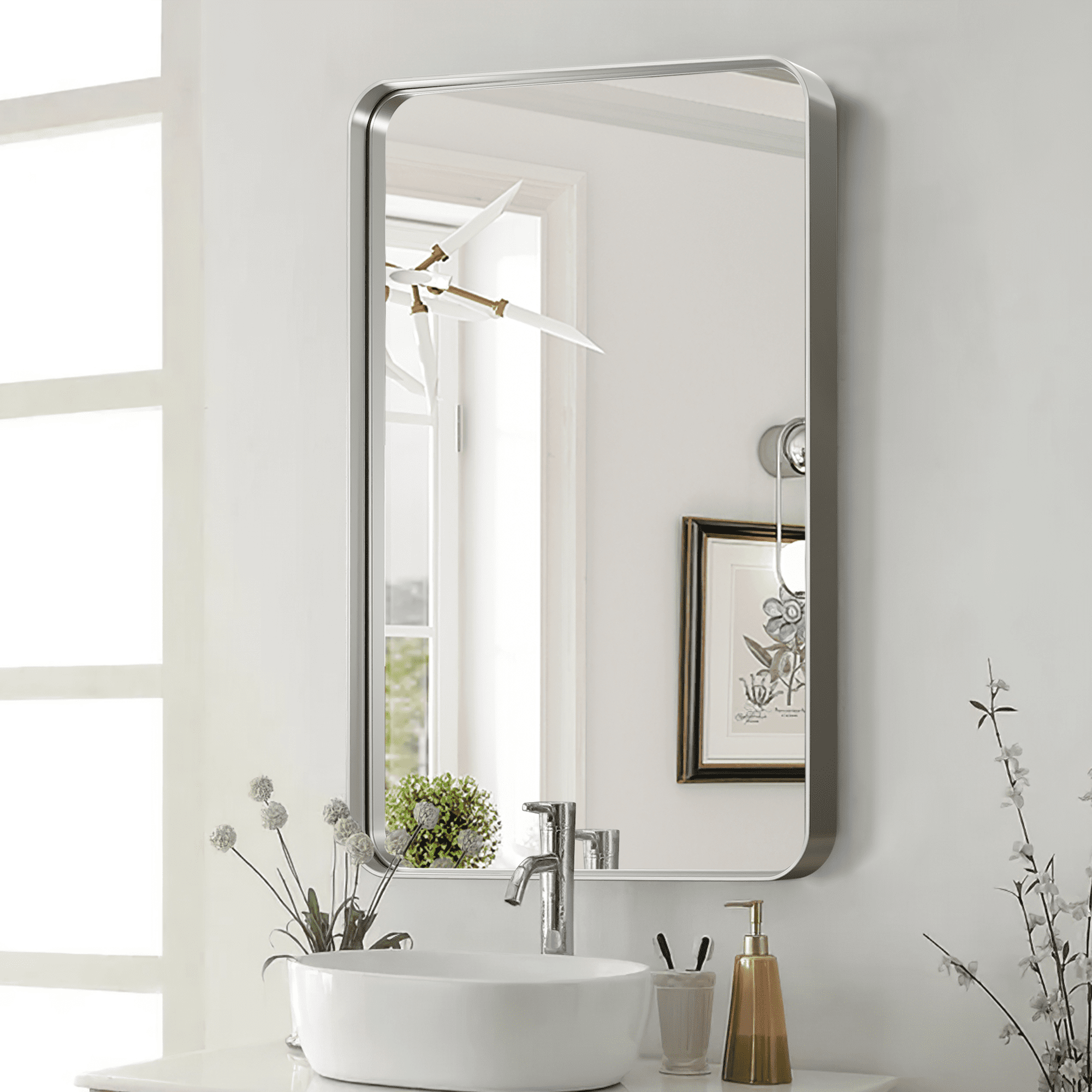 32"x22" Aluminum Alloy Wall Mount Rounded Corner Rectangular Mirror,Silver