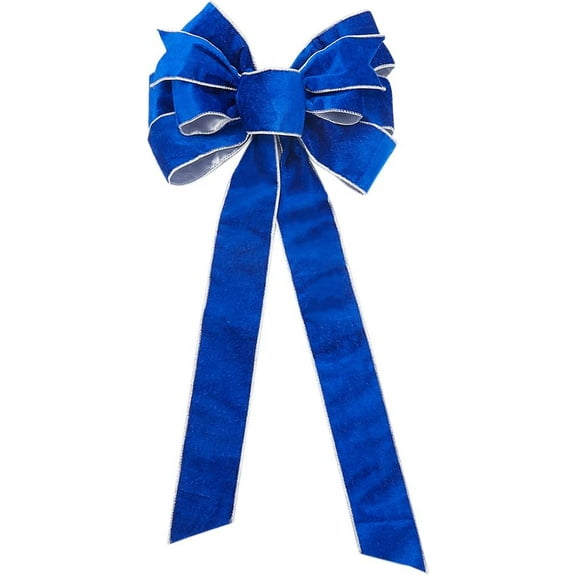 Big Velvet Blue Wired Bows Christmas Tree Decoration Bowknot with Silver Glitter Edge for Wreath Floral Gift Wrapping Tree Topper Home Outside Festive Ornament 11 x 21