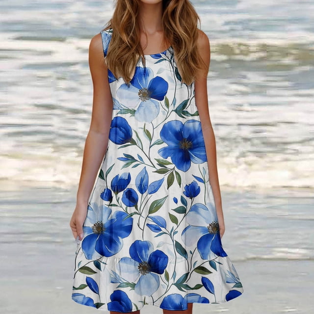 LOVZFMLL Robes Mode Femmes Vacances Été Couleur Unie Sans Manches Fête Plage Robe