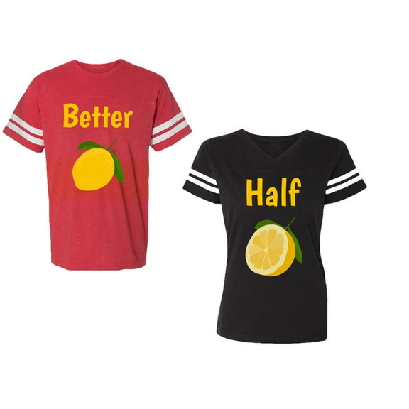 Better Half Unisex Couple Matching Cotton Jersey style T-Shirt Contrasting stripes on sleeves (Men Red / Women Black) (Men S / Women S)