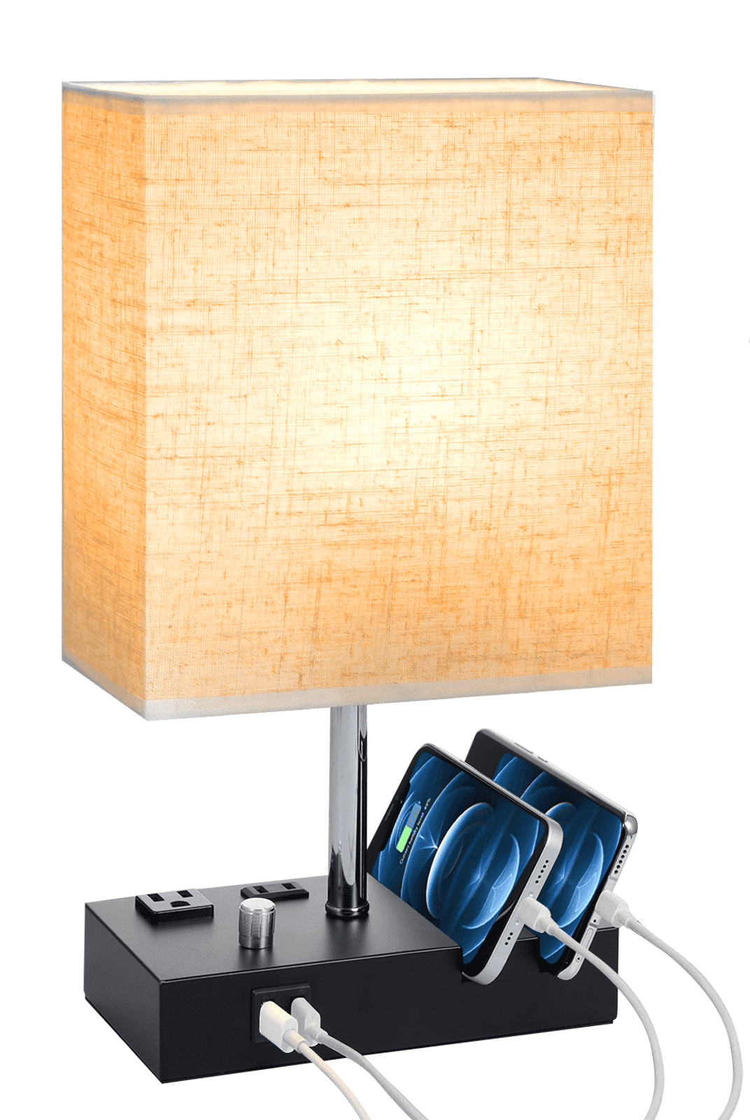 Neoglint Fabric Bedside Table Lamp Nightstand Lamp Touch Control Wireless Charger USB A Type-C Charging Ports with Phone Holder for Living Room