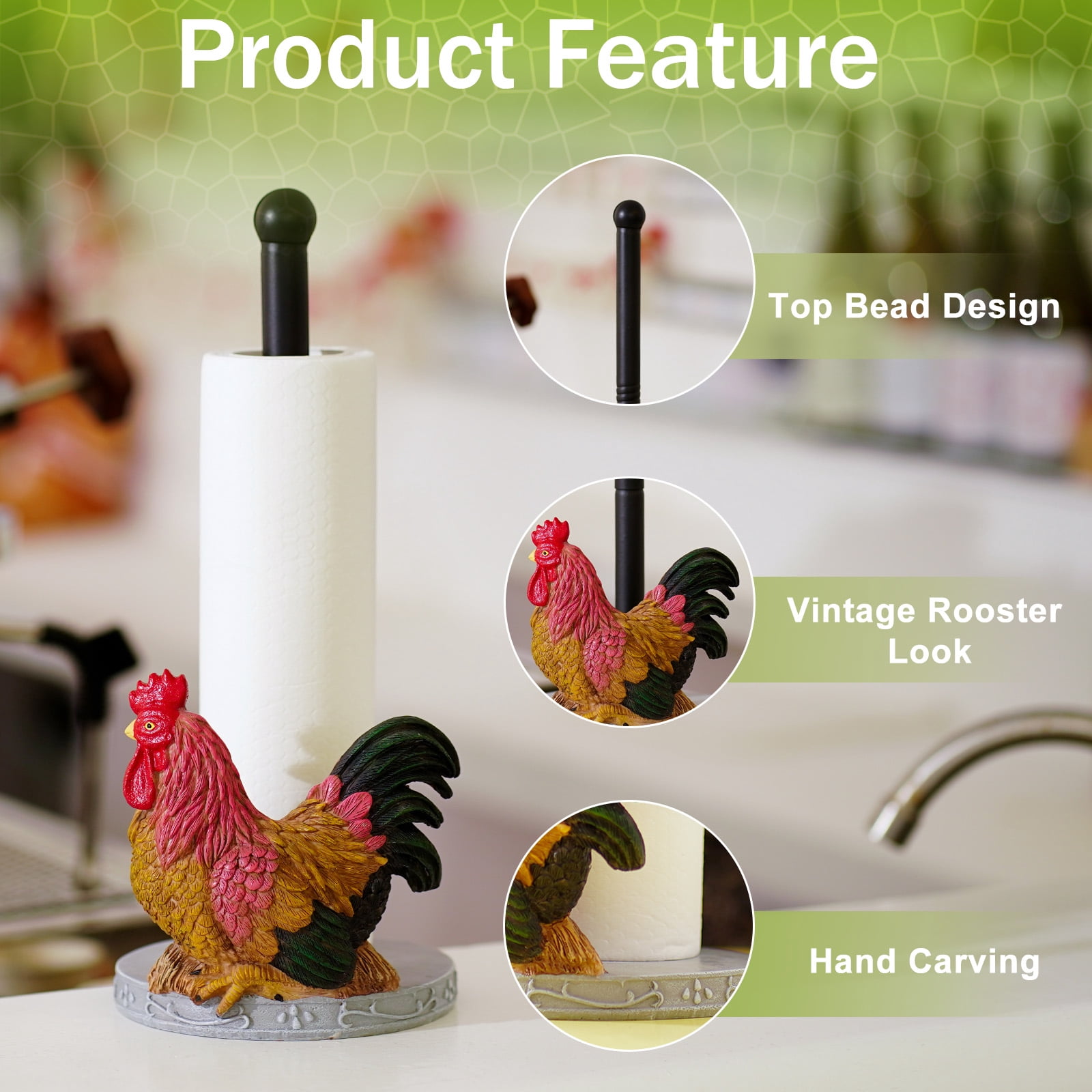 Rooster Kitchen Paper Towel Holder - Resin Farmhouse Towel Stand for Countertops，Decor Accessories for  Kitchen