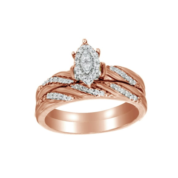 AFFY White Natural Diamond Marquise Composite Slant Striped Bridal Ring Set In 10k Rose Gold (0.25 Cttw)