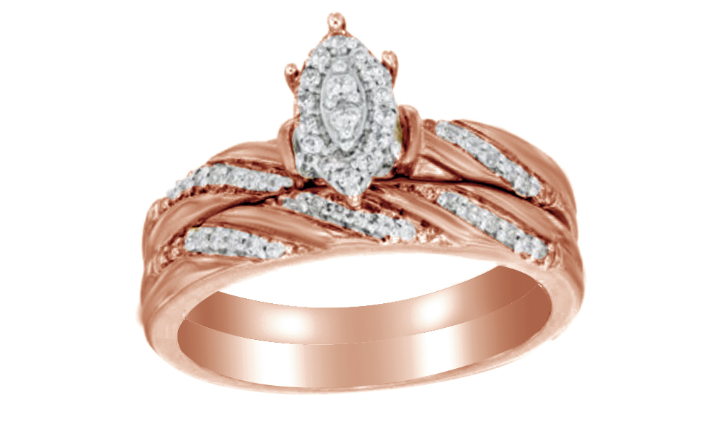 AFFY White Natural Diamond Marquise Composite Slant Striped Bridal Ring Set In 10k Rose Gold (0.25 Cttw)