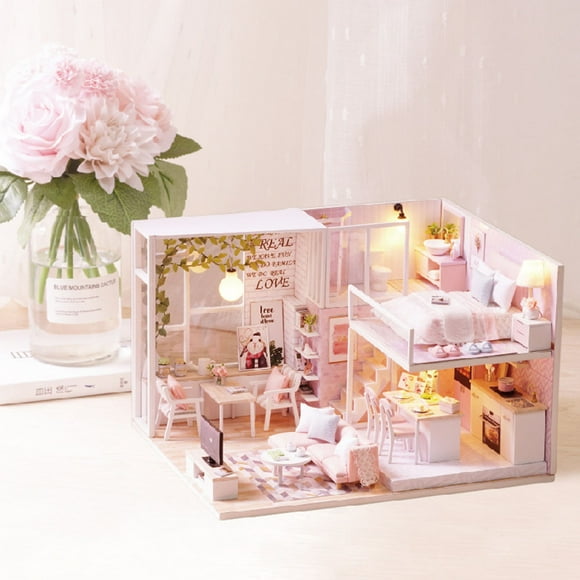 Gugxiom DIY Miniature Dollhouse Kit Mini House With Tiny Furniture, 1:24 Miniature Dollhouse With LED Light DIY Miniature House Kit, Mini House Kit Wooden For Girl Present