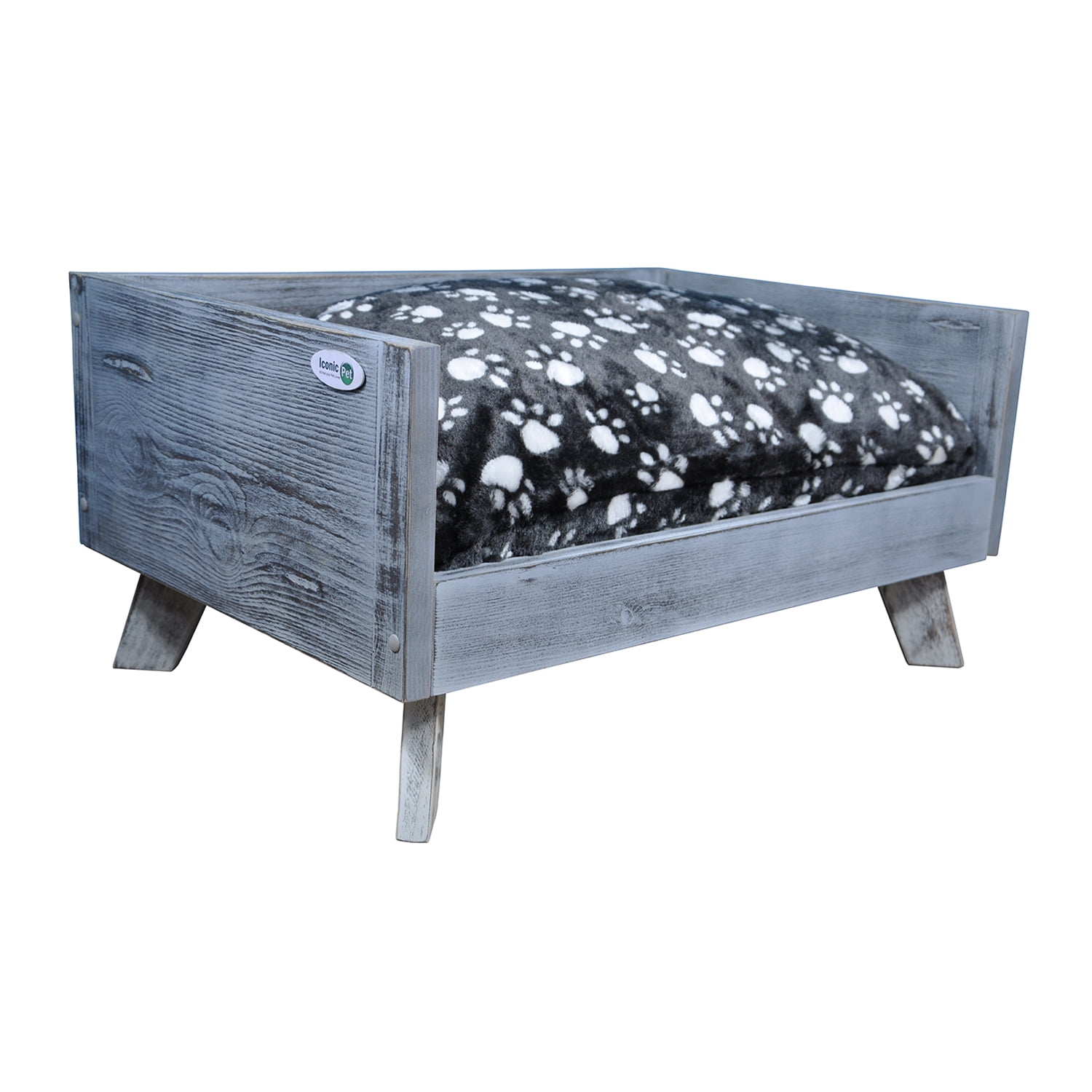 Raised Wooden Pet Bed with Removable Cushion Antique Gray Small
