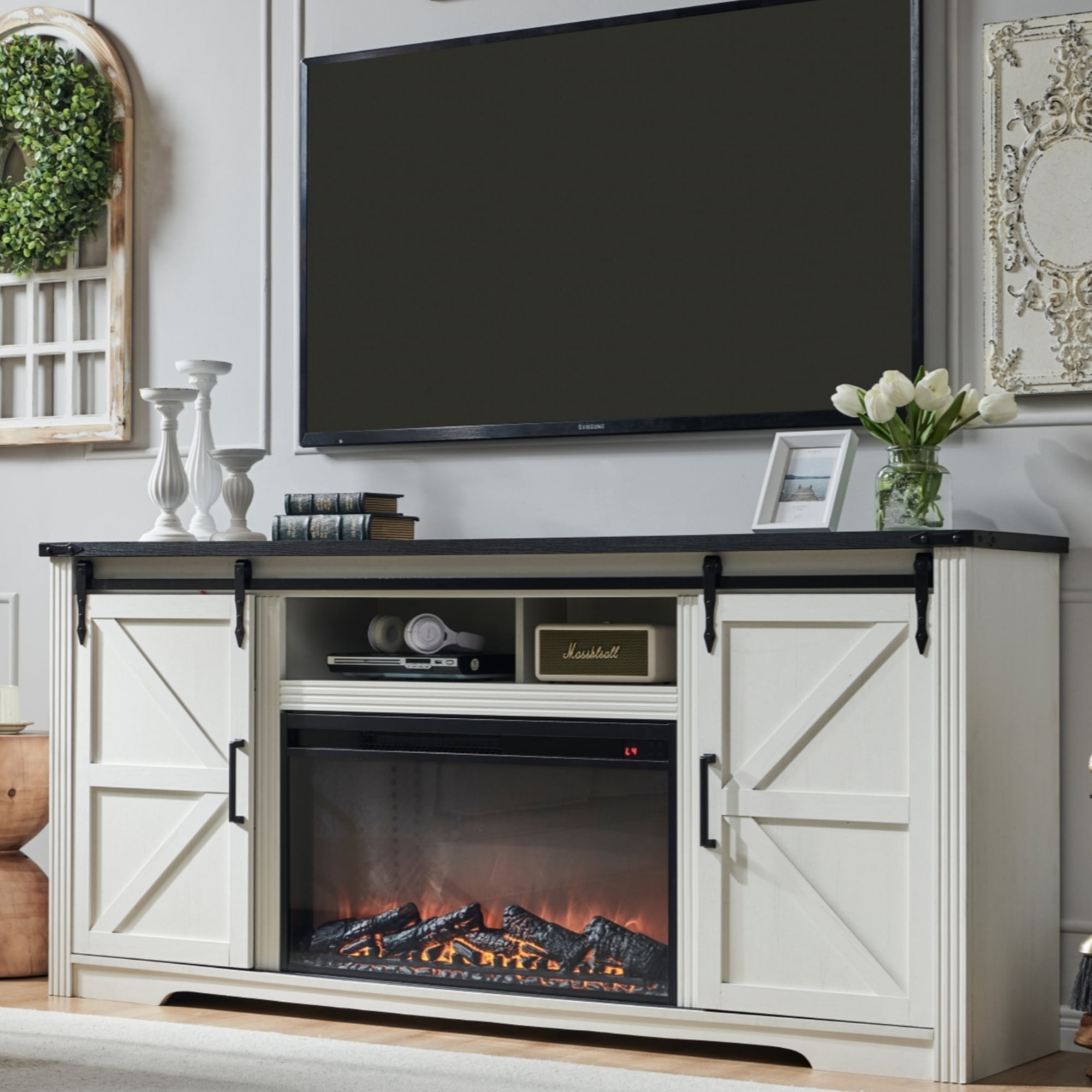 T4TREAM Farmhouse TV Stand for TVs up to 80", Entertainment Center with 30" Electric Fireplace and Sliding Barn Door&4 Drawers Storage Inside, Off White