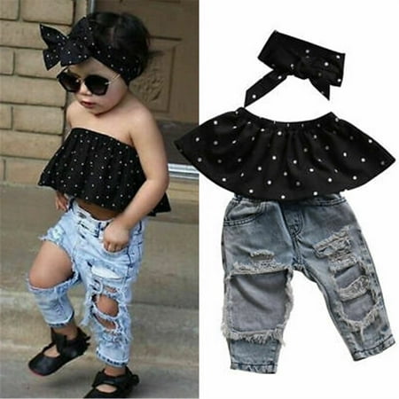 

Bagilaanoe 2Pcs Toddler Baby Girl Long Pants Set Off Shoulder Tops + Ripped Jeans Trousers 6M 12M 18M 24M 3T Kids Casual Outfits