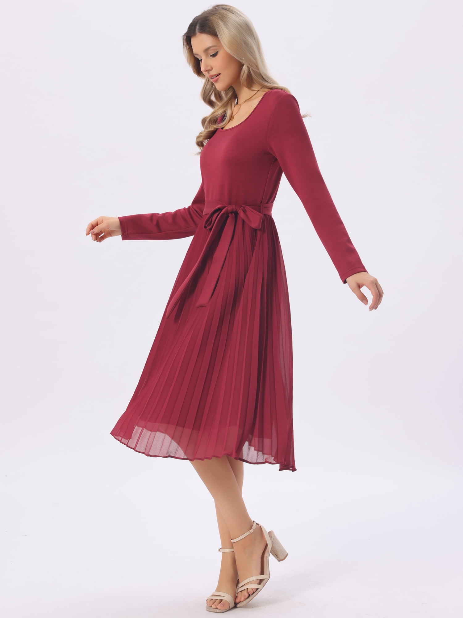 DARING DIVA Women's Pleated Crewneck A Line Flowy Long Sleeve Dress XL Wine Red