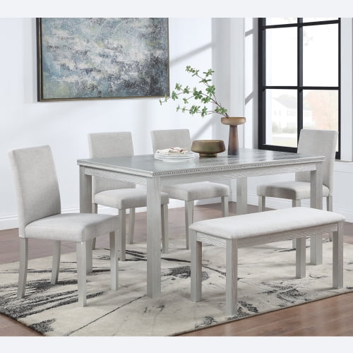 6 Piece Wooden Dining Table Set with Bench and 4 Upholstered Chairs, Modern Rectangular Crystal Accent Dining Set for 6, Easy-Clean Table for Kitchen Dining Room, Beige and Silver Gray