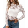 thumbnail image 3 of Womens Long Sleeve Mesh Top See Through Mock Neck Sheer Blouses White Flowers XL, 3 of 9