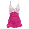 thumbnail image 7 of Sokhug Womens Striped Print Swimdress One Piece Bathing Suit V-Neck Gold Accent Straps Tummy Control Ruffle Hem Modest Swimwear, 7 of 7