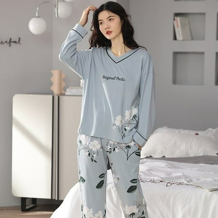 

QWZNDZGR Spring Autumn Knitted Cotton Elegant Women Floral Pajama Sets Sleepwear Casul Lounge Set Plaid Pants Pajamas Womens Home Fashion
