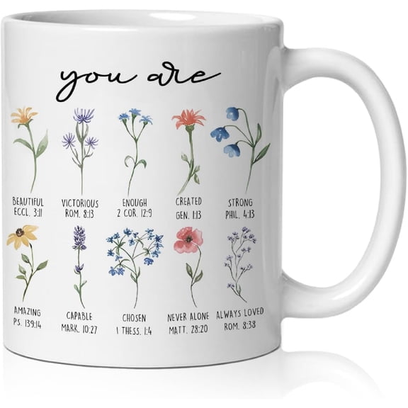 Christian Floral Mug, You Are Inspirational Bible Verse Coffee Cup Ceramic, Christian Gifts for Women Faith, Religious Scripture Ceramic Coffee Tea Mug 11 oz