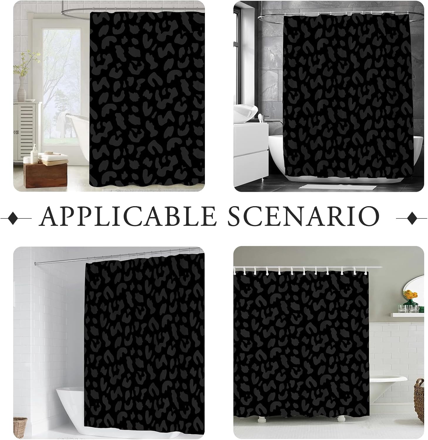 Leopard Shower Curtain Black Cheetah Print Polyester Fabric Shower Curtain Set for Bathroom with 12 Hook