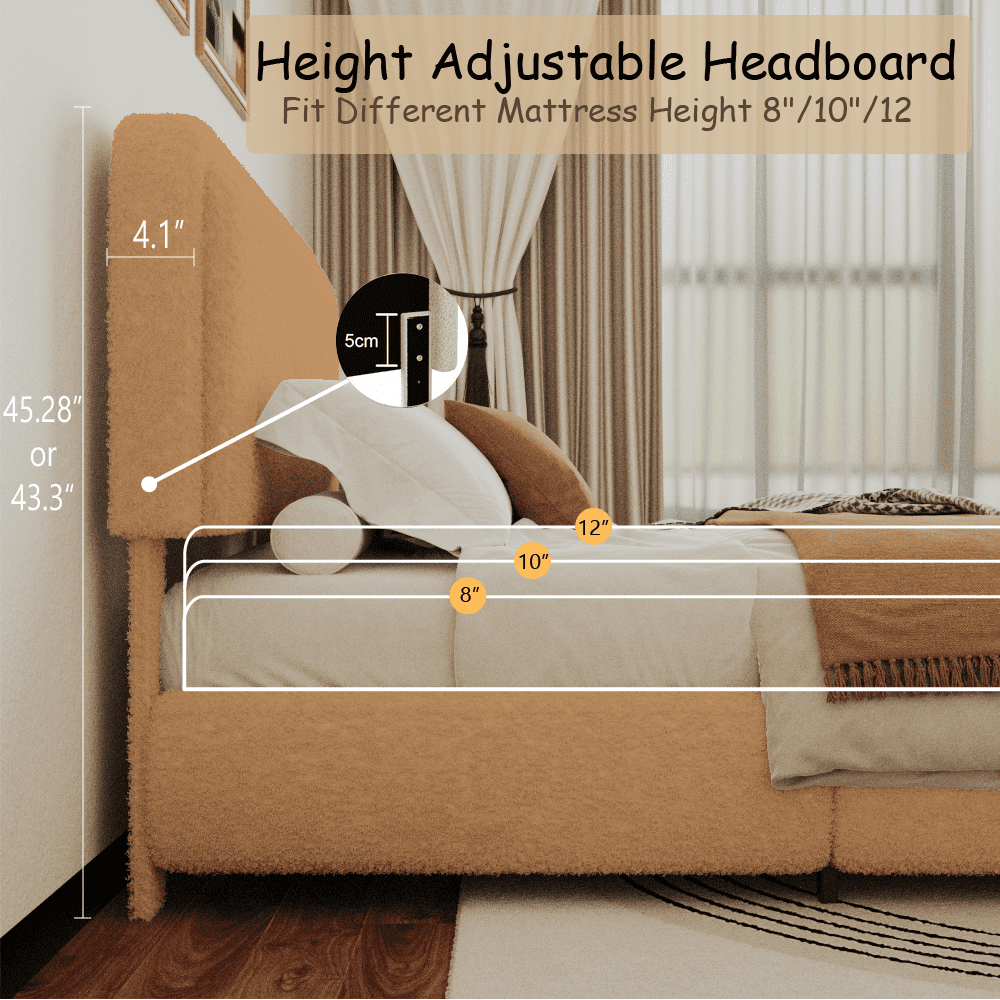 VIPLOV King Size Boucle Bed Frame, Cloud Upholstered Platform Bed with Height Adjustable Headboard & Soft Rounded Corners, No Noise Free, Easy Assembly,Brown