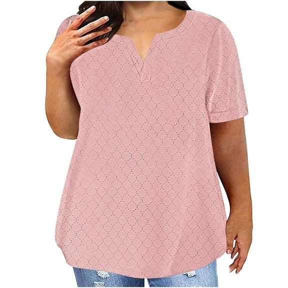 Babysbule Women Fashion Plus Size Casual V-Neck Short Sleeve T-Shirt, Soft Comfortable Stretchy Fit, Trendy Everyday Wear
