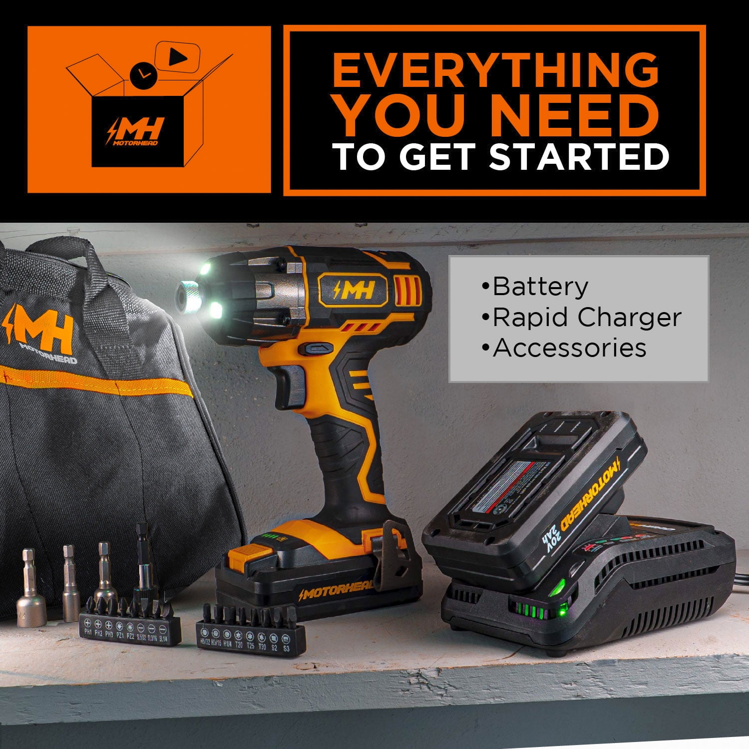 MOTORHEAD 20V ULTRA Cordless Impact Driver Kit, Lithium-Ion, ¼” All-Metal  Hex Chuck, Tri-Beam LED, Variable Speed Trigger, 2Ah Battery & Quick 