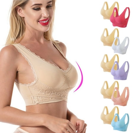 Dazajoo 2 Pack Womens Wireless Lace Bralette  Lace Bra V Neck  Everyday Comfort Padded Bra for Women No Underwire Underwear Deals Today Pink S