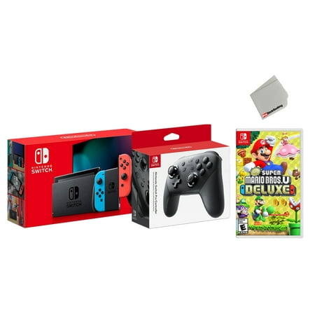 Nintendo Switch 32GB Console Neon Joy-Con Bundle with Wireless Pro Controller and Super Mario Bros. U Deluxe Game - Import with US Plug