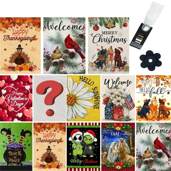 Seasonal Garden Flags Set of 11pcs Double Sided 12 x 18 inch Yard Flags, Burlap Durable Small Garden Flags Holiday Farmhouse Patio Yard Outdoor Party Ornaments All Seasons and Anti-Wind Clip Stopper