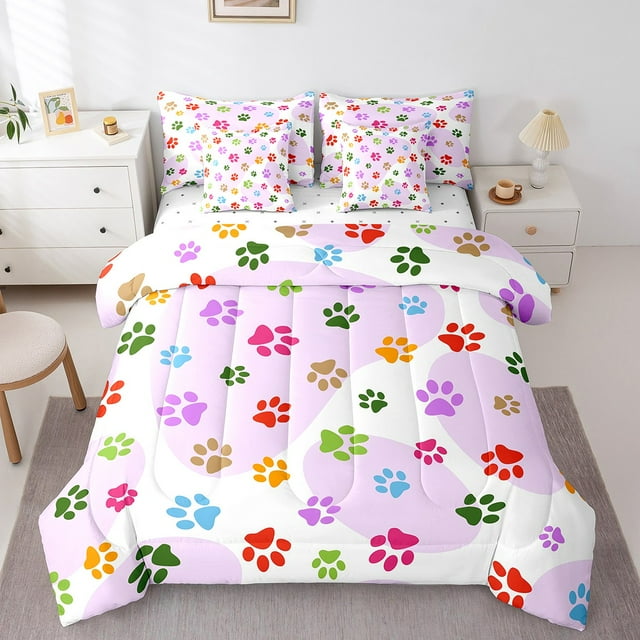 Erosebridal Colorful Pet Paw Bedding Full Comforter Set, Cartoon Animal Down Comforter, Cat Dog Decor, 7 Pieces