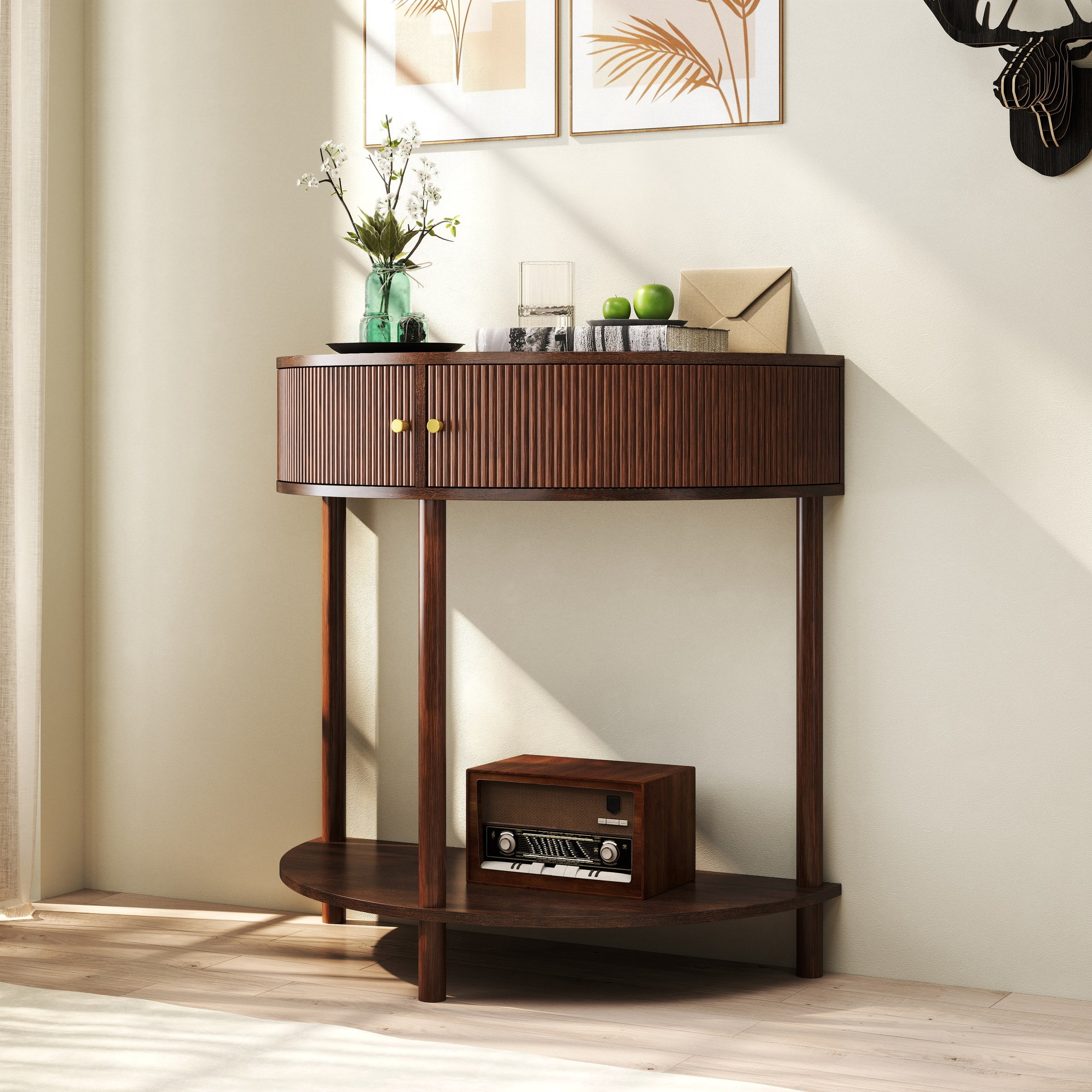 Console Table with Brown Woodgrain, Unique Half Moon Design End Table with 2 Storage Drawers and Bottom Shelf for Living room, Bedroom, Study, Hallway