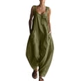 thumbnail image 2 of Women's Casual Jumpsuit Dressy V Neck Sleeveless Cotton Linen Overalls Vintage Elegant Wide Leg Cargo Pant Romper Summer Work Vacation Playsuits Army Green XL, 2 of 7