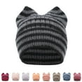 thumbnail image 4 of Moocorvic Beanie for Women, Cute Cat Ear Winter Warm Knitted Hat for Daily Wear, Striped Red, 4 of 4