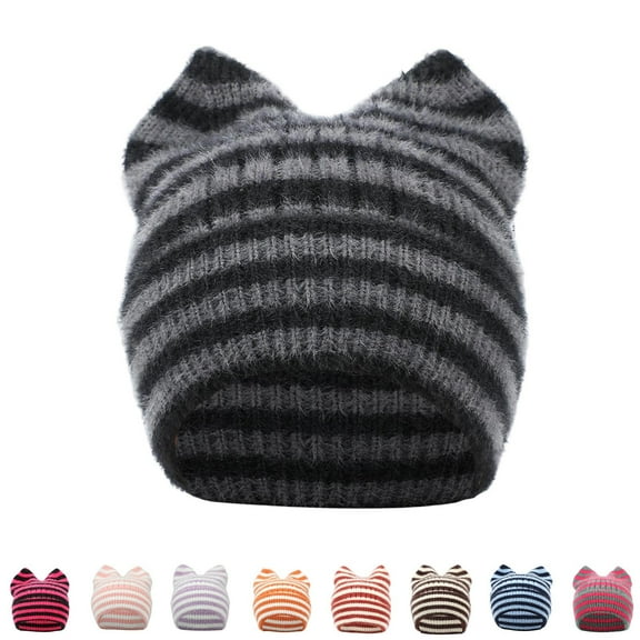 jobturf Beanie for Women Cute Cat Ears Crochet Hat Soft Comfy Warm Winter Hats Fashion Striped Y2k Skull Cap for Outdoor Cold Weather