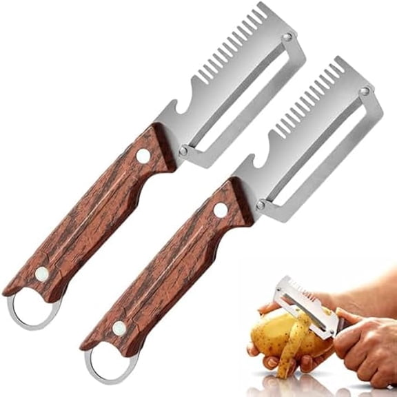 Premium Multi-Functional Vegetable Peeler for Kitchen, 3-in-1 Stainless Steel Ultra-Sharp Blade with Wooden Handle, Bottle Opener & Scallion Shredder Tool for Fruits and Vegetables (B2*PCS)