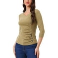 thumbnail image 4 of BLUSA RUCHADA PARA MUJERES CHIC CON BOTONES DECORATIVOS, CUELLO EN V, MANGA 3/4, TOP DE PUNTO SÓLIDO, TAMAÑO XS, COLOR BEIGE, 4 of 6