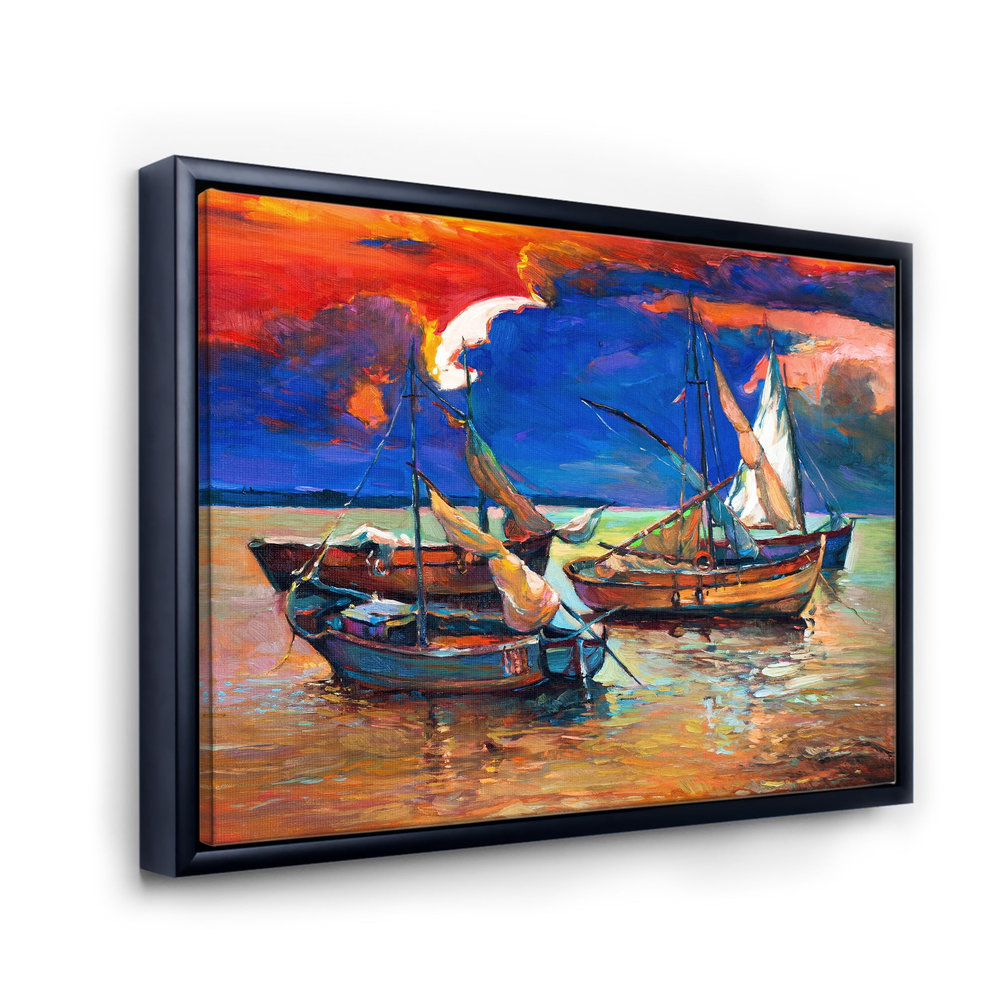 Designart 'Boats On The Water With Dark Blue Sky I' Lake House Framed Canvas Wall Art Print