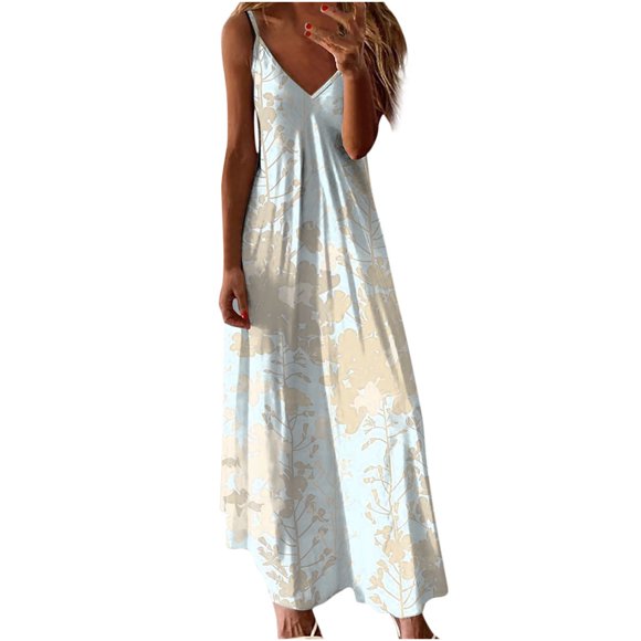Vestido de Verano para las Mujeres Sexy Impreso Camis sin Mangas Cuello en V, Poliéster Casual Spandex para el Uso Diario Y de Primavera