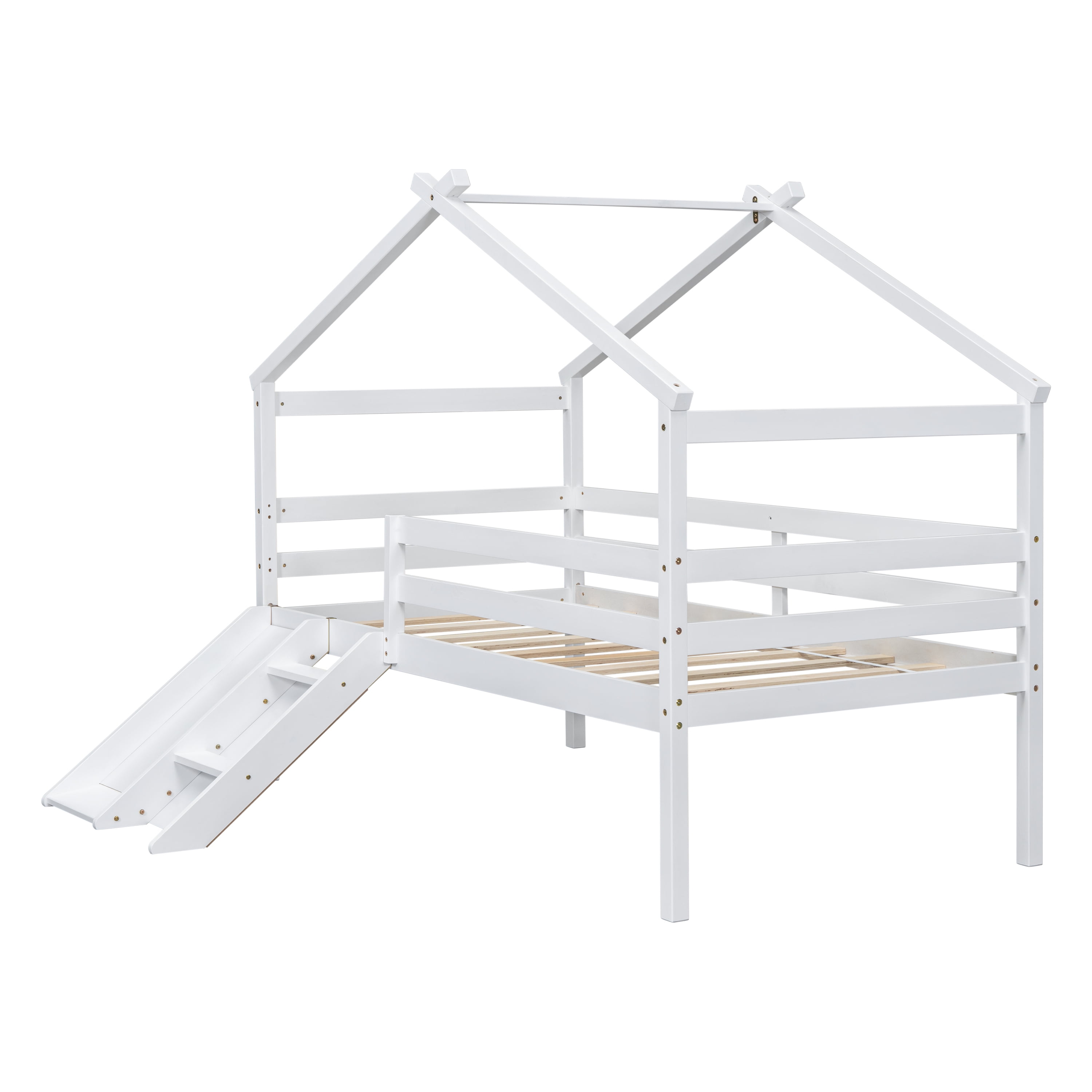 Twin Low Loft House Bed with Slide, Ladder, Safety Guardrails, House Roof Frame, White