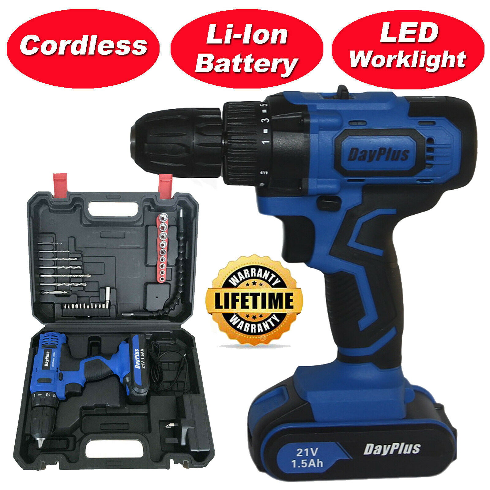 45N.m Cordless Drill Driver 21V-Max Li-Ion Combi Drill in Carry Case 2 x Quick Change Batteries & 1x Charger Included Electric Screwdriver LED Work Light Accessory Kit 