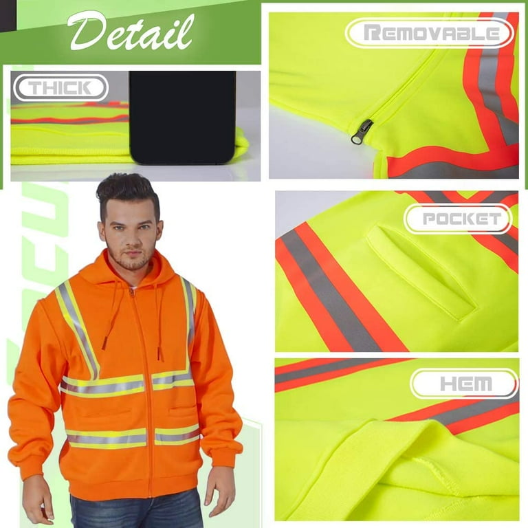 Hi Vis Safety Hoodie Sweatshirt with Removable Sleeve High Visibility Fleece Hooded Work Jacket