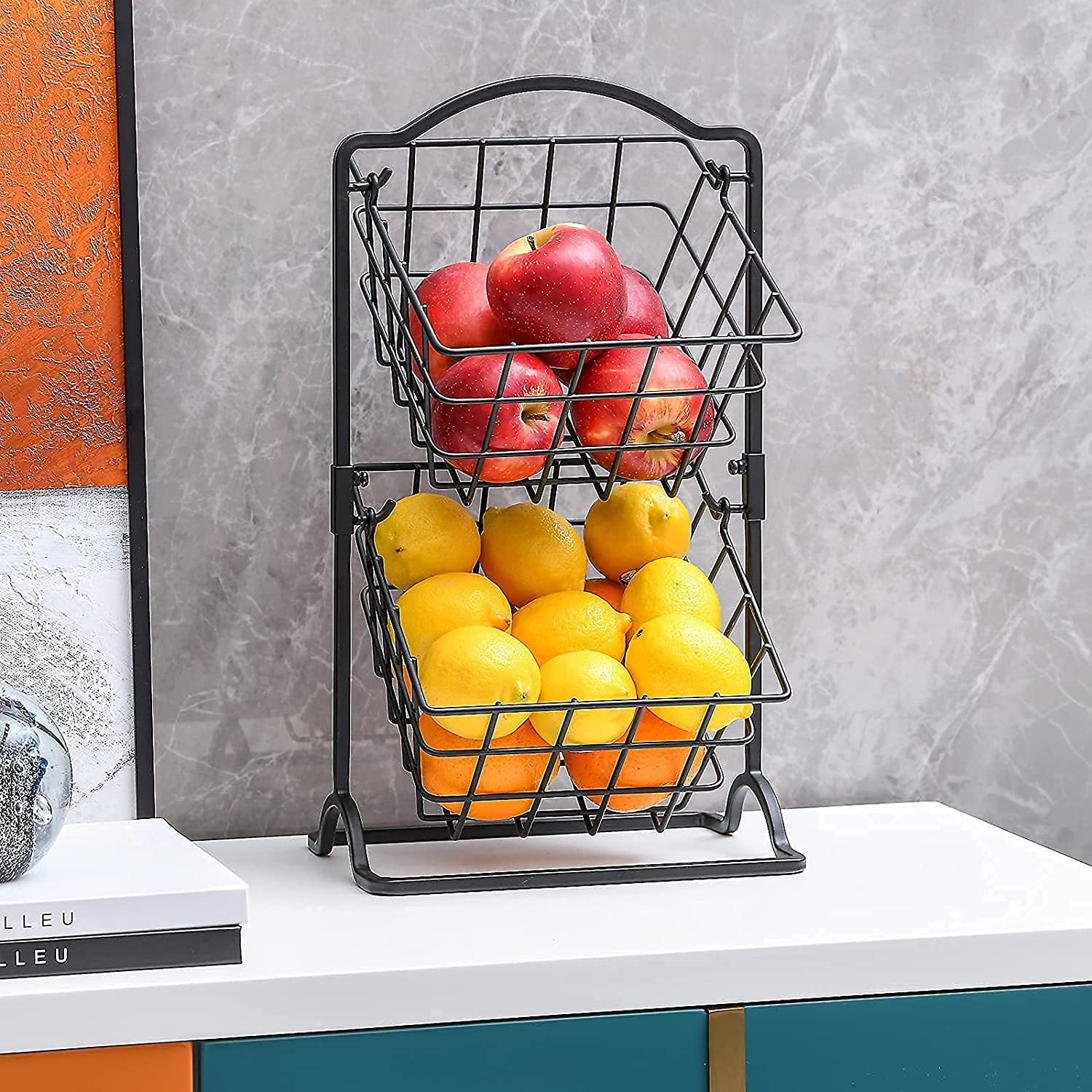 Wetheny 2 Tier Iron Fruit Basket Fruit Bowl for Kitchen Counter,Bread,Fruit and Vegetable Holder Storage Basket,Wire Hanging Basket stand for Kitchen Organizer, Matte Black