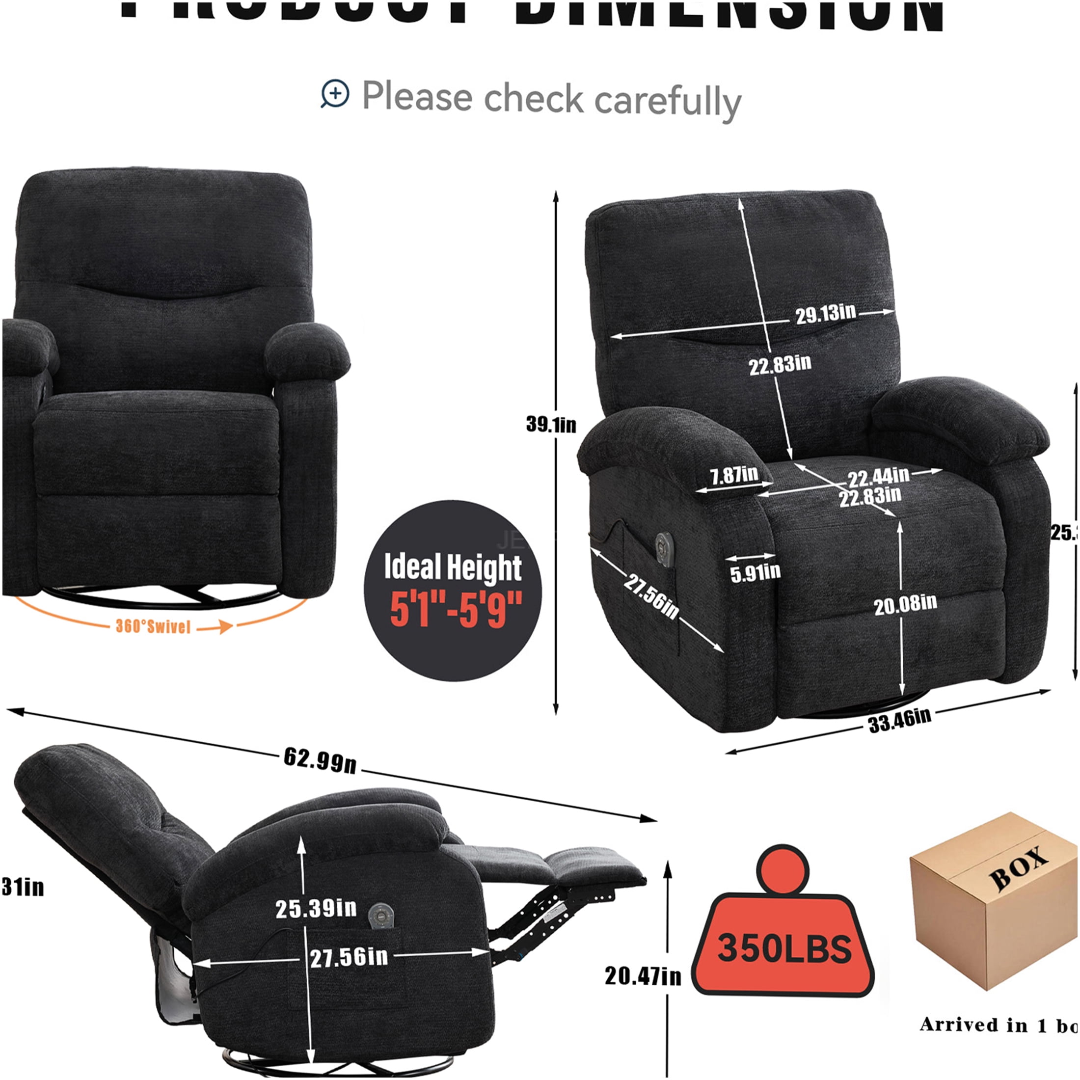 JERFIT Modern Massage Recliner Chair with Heat, 360 Swivel Rocker Lounge Chair for Living Room, Black