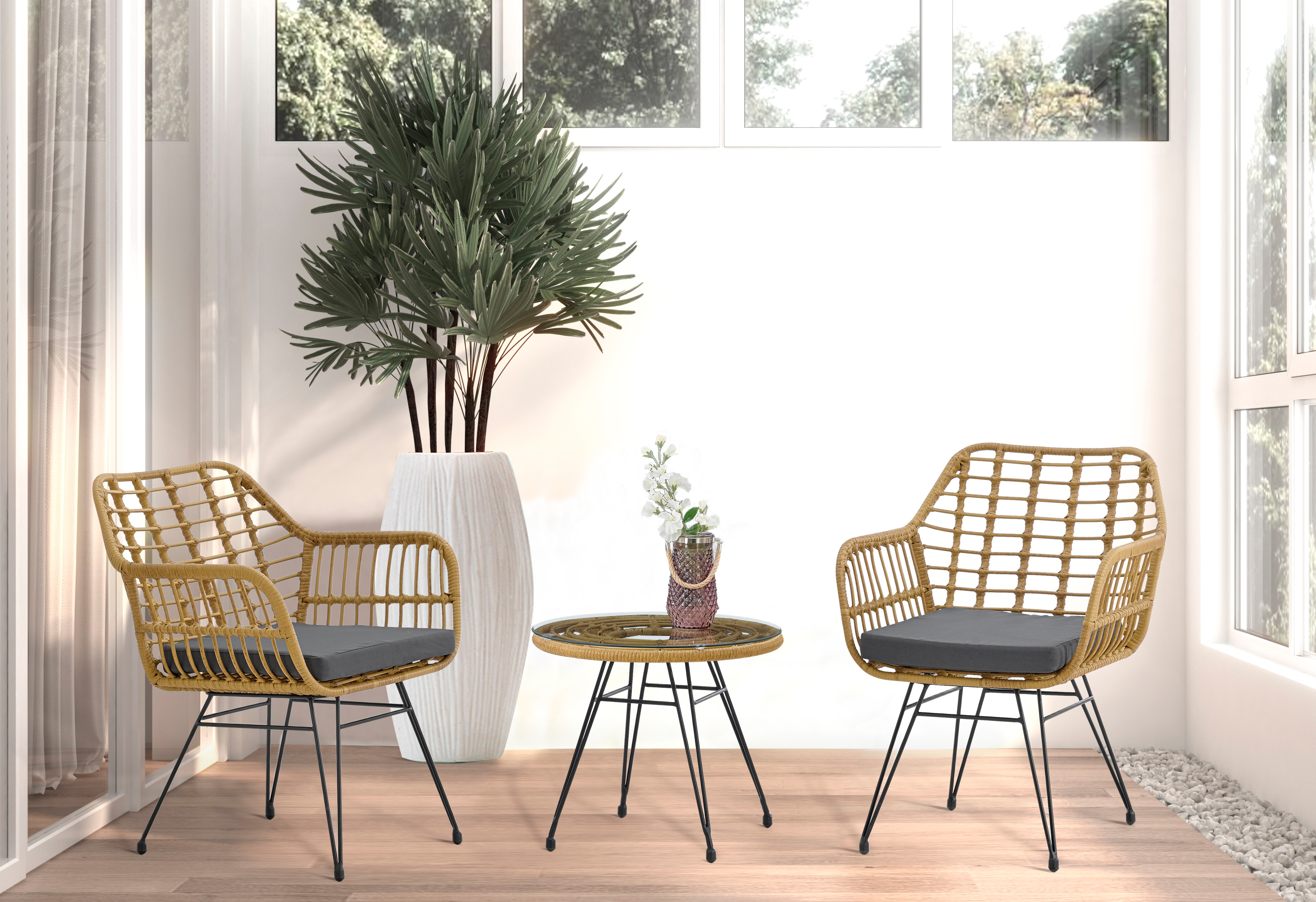 Aukfa 3 Pieces table set,Modern Rattan Coffee Chair Table Set,Outdoor Furniture Rattan Chair,Garden Set with Two Chair and One Table,Conversation Set - image 3 of 9