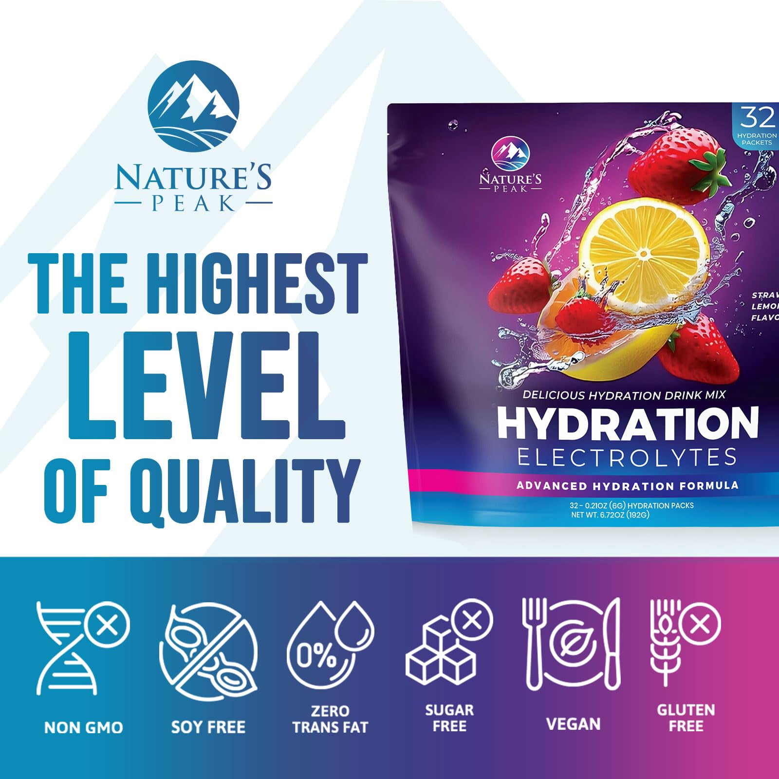 Electrolyte Hydration Packets - Best Electrolytes Drink Mix - Sugar Free Formula with Sodium, Potassium, Magnesium, Zinc & Vitamin C for Dehydration Relief and Rehydration, Strawberry Lemon (32 Pack)