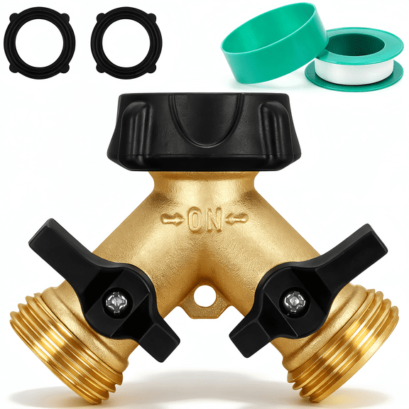 2-Way Brass Garden Hose Splitter, 3/4 inch Faucet Connector with Valves, Washers & Thread Tape, Hose Spigot Adapter 2 Valves