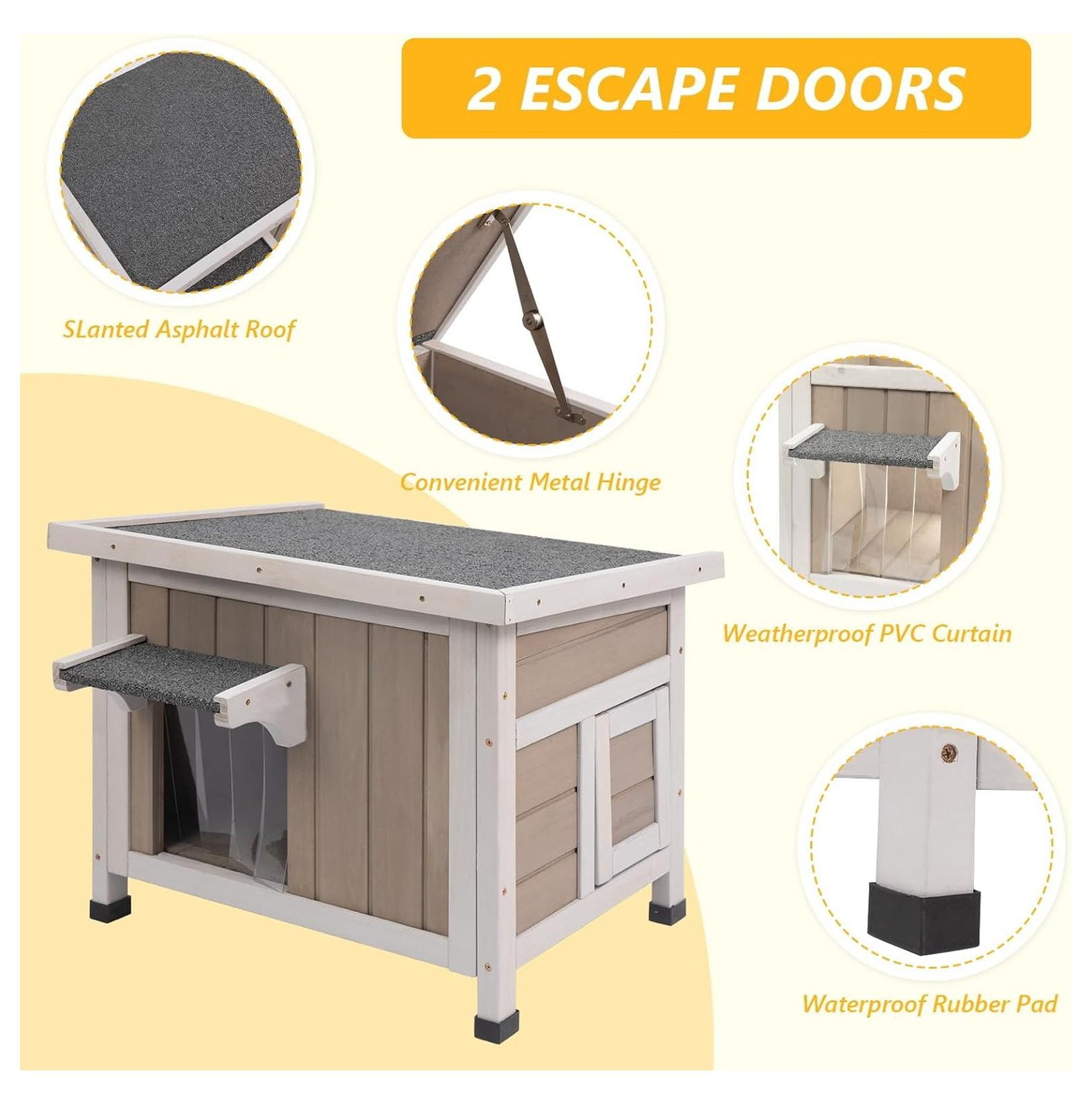 Insulated Cat House Outdoor, 22.44" Weatherproof Feral Cat Shelter, Winter Cat Enclosure with Asphalt Roof & 2 Escape Doors, Small Cats, Grey