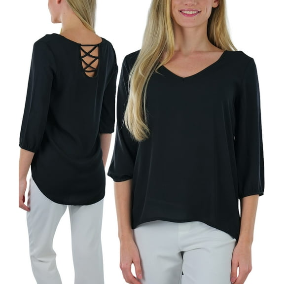 ToBeInStyle Womens Peasant V-Neck Strappy Back Blouse - Black - Small