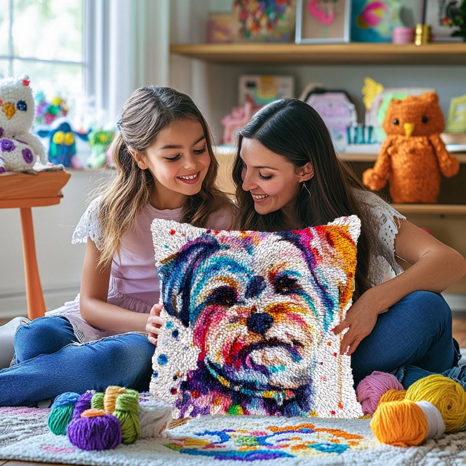 Colorful Cute Shih Tzu DIY Latch Hook Pillow Kits for Adults Printed Pillowcase Crochet Yarns Hooking Handmade Pillow Cover Cushion for Home Sofa Decoration 17x17inch