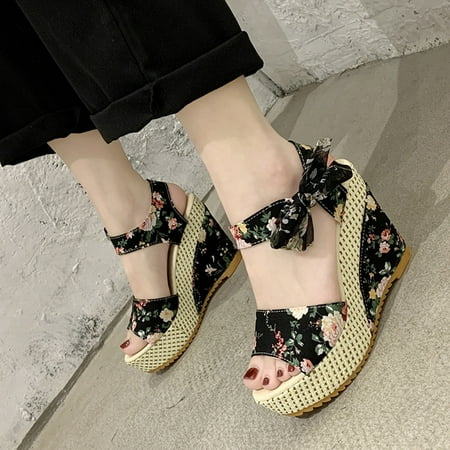 

Womens Comfort Sandals- High Heel Fish Mouth Thick Sole Solid Color Casual Sandals Black Size 6.5