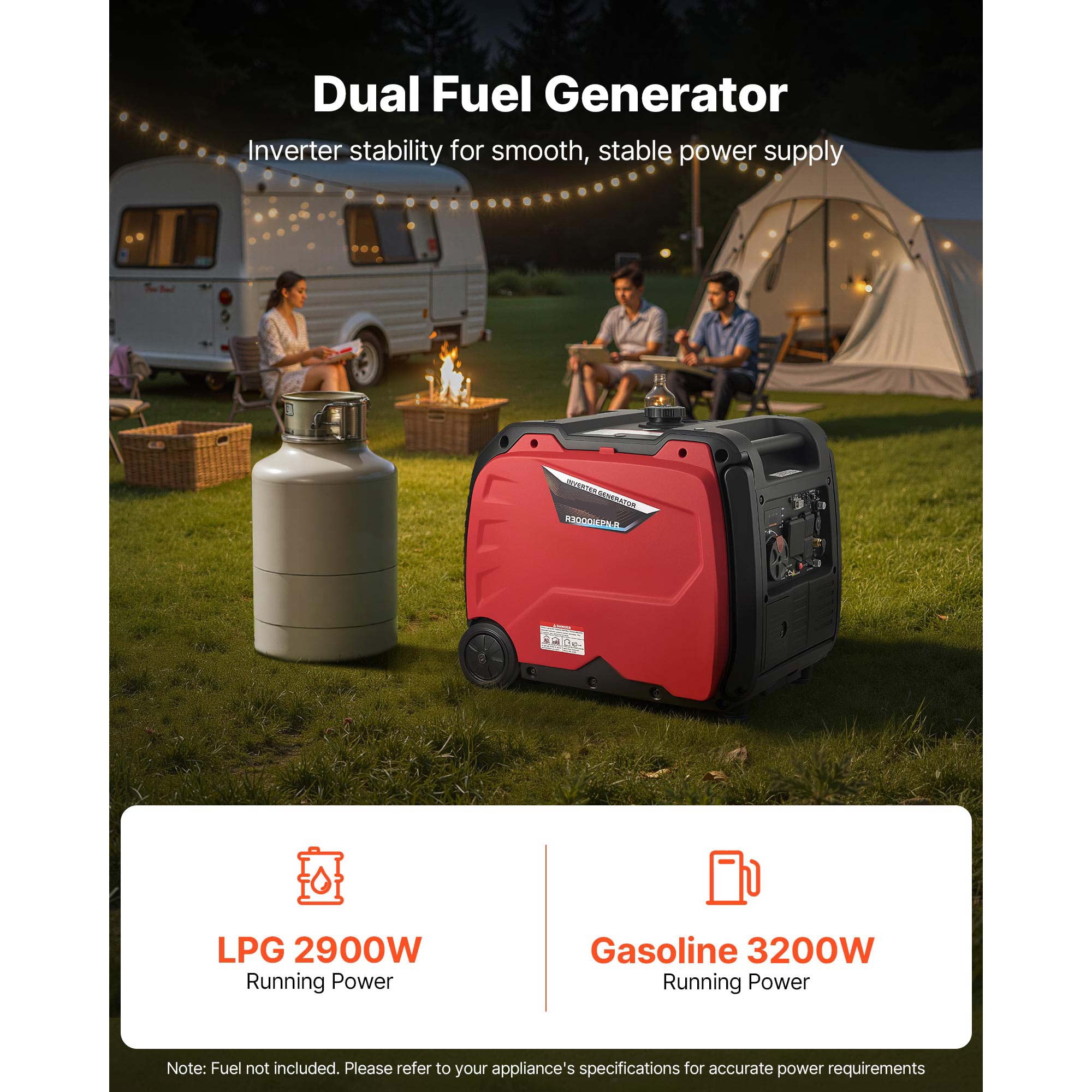 KFFKFF 4200W Peak Watt Quiet Dual Fuel Inverter Generator, Gas & LPG Powered, Reliable Power Supply with CO Sensor, RV-Compatible 8.3A Outlet, Extended Operation for Home and Outdoor Use