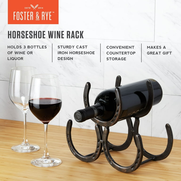 Foster Rye Horseshoe Countertop Metal Wine Rack Cast Iron Wine Bottle Holder Holds 3 Standard Wine Bottles 10
