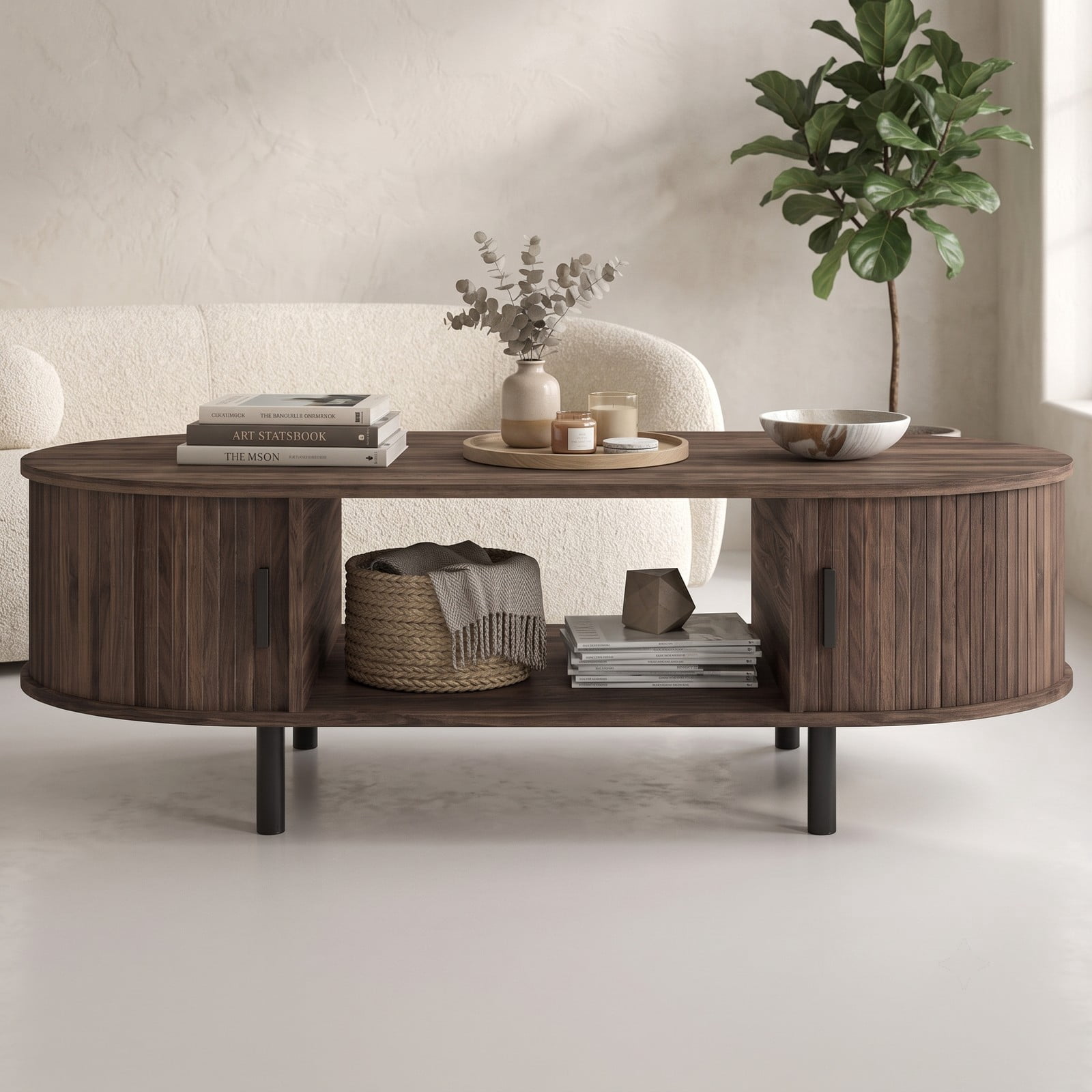 Furnibear Oval Coffee Table 47.5 Inch Wooden Center Table with Storage Shelves and Sliding Doors for Living Room, Walnut